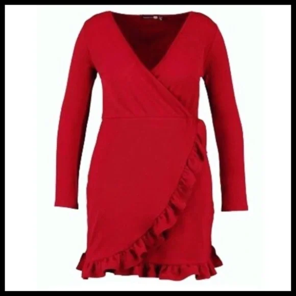 BOOHOO Faux Wrap Mini Skater Dress - Picture 1 of 6